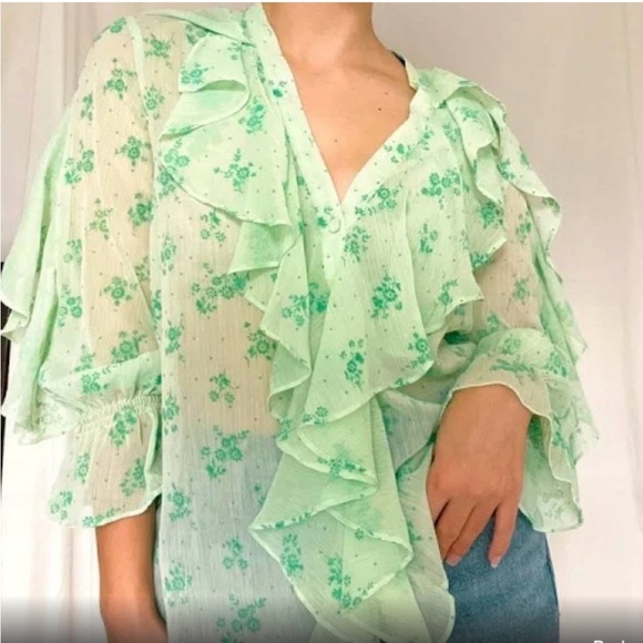 Zara Tops - Zara mint green sheer ruffle blouse button down frilly floral seafoam prairie L